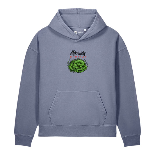 DFFRNTWRLD® Qi Gong Club Unisex Garment-Dyed Vintage Hoodie, garment-dyed blue grey, front view